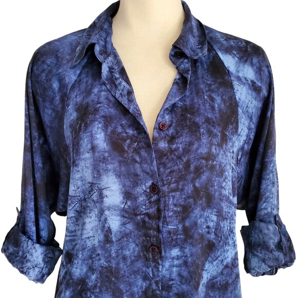 MICHAEL KORS Denim Blue Tie Dye Print Shirtdress Tabbed Sleeves Blue & Black S - Picture 3 of 15